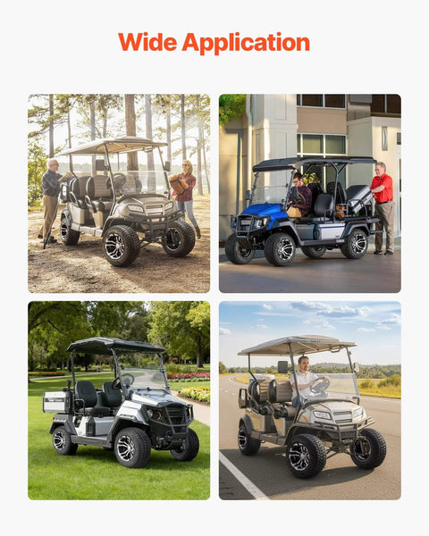 Four golf carts equipped with Four 205/50-10 Golf Cart Wheels And Tires Set With 10 Inch Aluminum Alloy Rims, black finish, in various settings