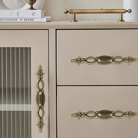 Antique Bronze Cabinet Pulls 6.3 Inch 160mm Vintage Style Drawer Knobs installed on beige cupboard and dresser