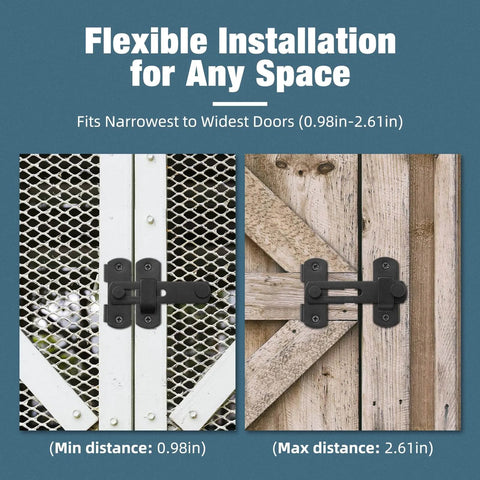 Stainless Steel Barn Door Gate Latch 2 Pack For Outdoor Wooden Fence Gates And Small Sliding Doors Built To Last With A Black Finish shown on mesh and wood gates