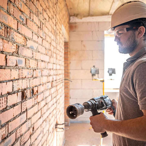 Man using One And Three Quarters Inch SDS Plus Carbide Tipped Rotary Hammer Core Bit For Concrete Drilling 45 Millimeter Core Bit With Tough As Nails High Grade Tungsten Carbide Cutting Edge And Smooth Exterior Welds Heavy Duty By Mesa Diamond on brick wall