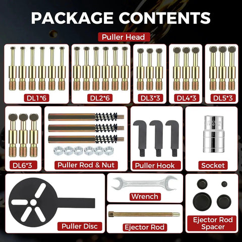 Package contents of 36 In 1 Bearing Puller Kit With Switchable Two Mode Blind Hole Puller And Separator Set, showing multiple components.