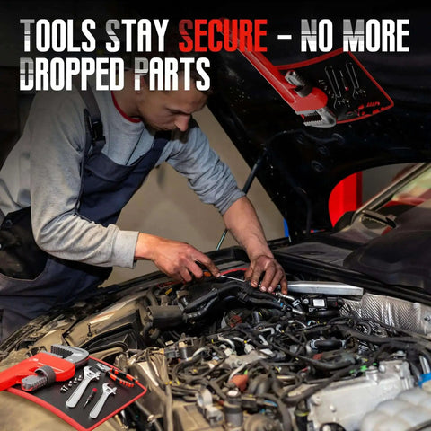 Mechanic using Magnetic Tool Mat 40-Lb Heavy Duty Magnetic Parts Holder Flexible Grip-Ready Non-Slip Tool Organizer on car engine