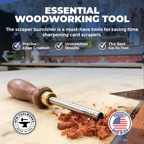 Pro Grade Cabinet Scraper Burnisher Tool With Hard Maple Handle And Super Hard High Speed Steel Rod For Card Scraper Burnishing And Woodworking Projects Made In USA lying on wooden surface with wood shavings