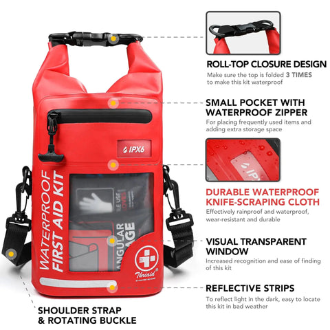 Red 250 Piece IPX6 Waterproof First Aid Kit with Roll-Top Reflective Boat Dry Bag showing features and transparent window.