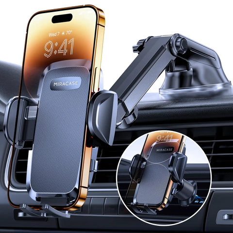 3 In 1 Car Phone Mount For Dashboard Windshield Or Air Vent Heavy Phone And Thick Case Friendly Universal Phone Holder That Fits All Smartphones In Any Vehicle mounted on car dashboard.