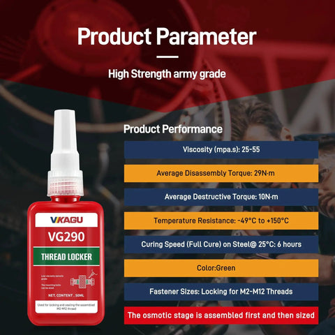VG290 Thread Locker bottle with performance parameters displayed including viscosity, disassembly torque, and curing speed.