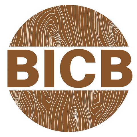 Circular logo with wood grain pattern and letters BICB in the center.