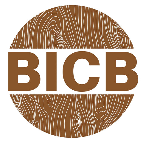 Circular logo with woodgrain pattern and text 'BICB' in center
