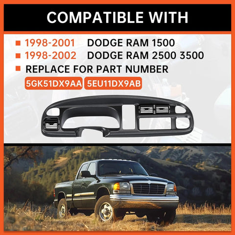 Dodge Ram Dash Bezel Cover For 1998-2002 1500 2500 3500 Instrument Cluster shown with compatibility information