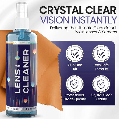 Gel Eyeglass Lens Cleaner Spray Kit With 2x 8oz Bottles And 2 Microfiber Cloths, showing 8oz bottle and cleaning cloth