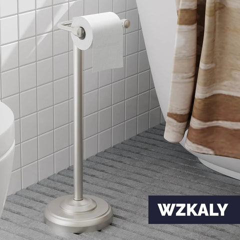 Bathroom with Free Standing Toilet Paper Holder With Pivoting Post, Brushed Nickel Finish, Heavy Weighted Base, SUS304 Stainless Steel.