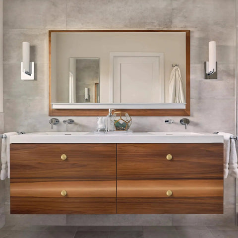 Brushed Gold Solid Brass Cabinet Knobs 5 Pack 1.18 Inch Diameter Drawer Pulls on bathroom vanity