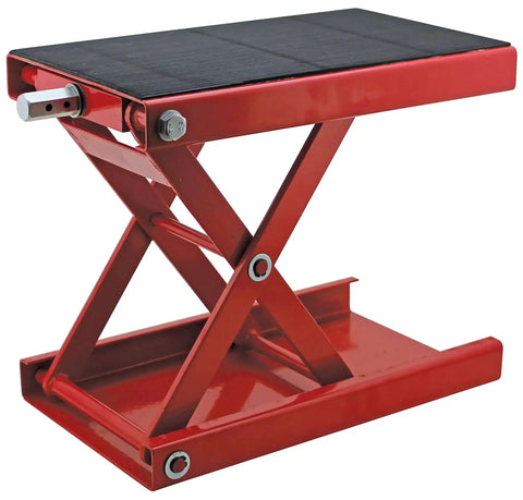 Beefy Wide Motorcycle Scissors Jack With 14 Inch Lift, 1000 Lb Capacity, red steel frame with rubber platform pad