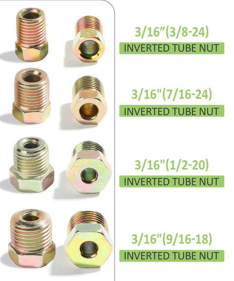 Front/side view of gold copper-nickel inverted brake line nuts for 3/16 in brake line.