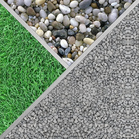 Close-up of a sectioned garden layout with green grass, pebbles, and gravel, showcasing a variety of landscaping materials.