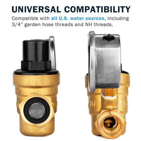 Brass RV water pressure regulator with gauge and filter; adjustable, lead-free; two units shown (front and side).