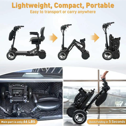 4-Wheel Foldable Electric Mobility Scooter For Adults And Seniors shown folding sequence and trunk storage