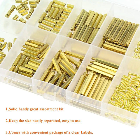 Brass M2 Spacers And Screws Kit 322 Piece Set With 10 Sizes Of Female To Female Hex Standoffs M2x5mm Screws in clear case