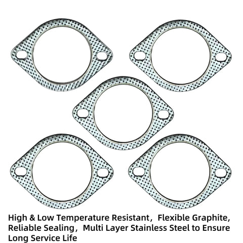 Five 3-inch exhaust gaskets with two-bolt flanges, round openings, perforated metallic finish.