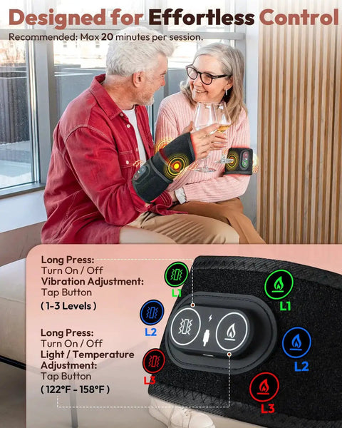 Couple using No Cords Red Light Therapy Wearable Wrist Massager with Infrared Heating Pad and Vibration, control panel close-up.