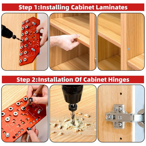 Shelf Pin Jig And Hinge Jig 2 In 1 Pro Grade Adjustable Drilling Guide For Woodworking With Quarter Inch And Five Millimeter Bits Self Contained Cabinet Hardware Jig For Easy Shelf Install in use for installing cabinet shelves and hinges.