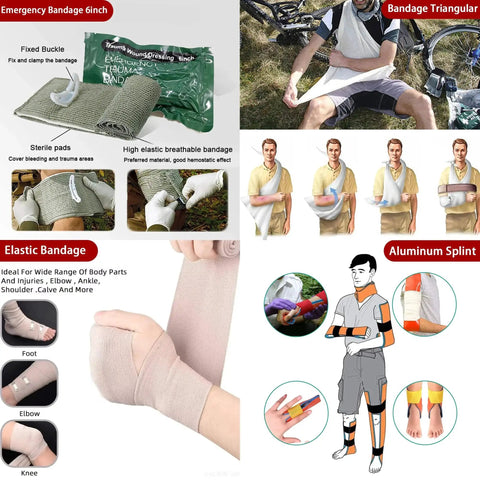 Emergency bandages and aluminum splint for Go To 203 Piece IFAK Trauma First Aid Kit With MOLLE Pouches for outdoor use and emergencies