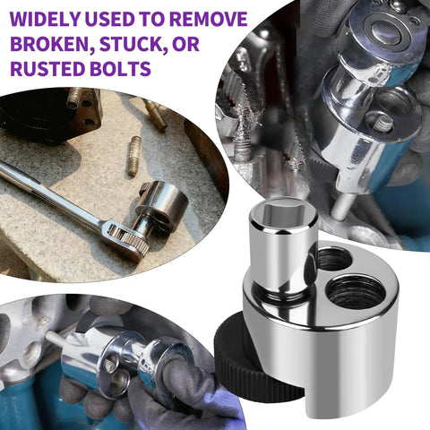 Bolt extractor and stud remover tool, chrome-plated, 1/4–3/4 in (6–19 mm); front/side views with knurled roller.