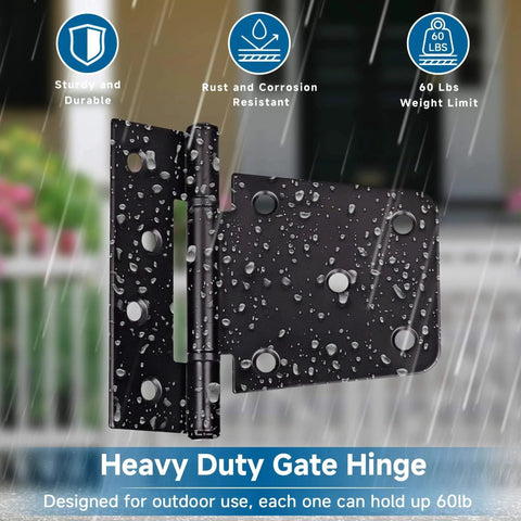 3.5 Inch Heavy Duty Gate Hinges 2 Pack Black Iron Extra Thick T Gate Hinges shown wet in outdoor setting for rust resistance