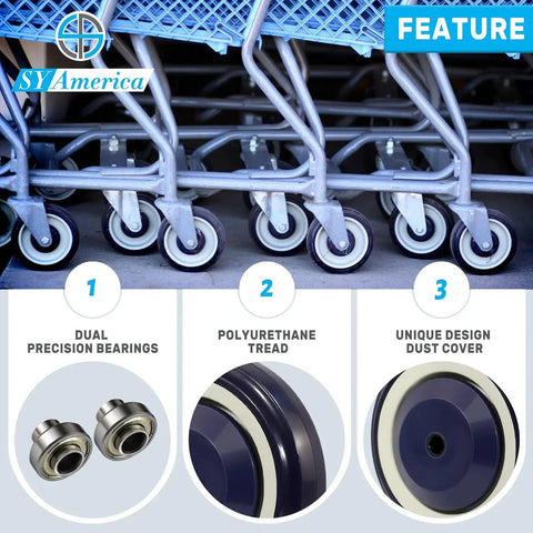4 Inch Replacement Shopping Cart Wheels Kit With Dual Precision Bearings for light and medium duty shown with features display.