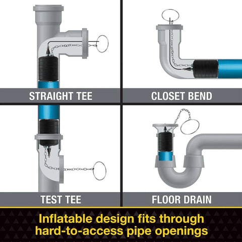 Illustration showing Cherne 1-1/4 In To 1-1/2 In Test Ball Plug sealing pipes in various tees and drains for DWV systems.
