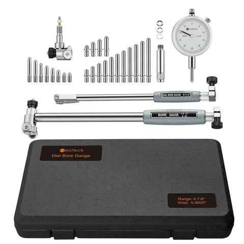 Dial Bore Gauge Set With 0.7 To 6 Inch Range And 6 Inch Depth For Engine Cylinder Measurement Ultra Precise 0.0005 Inch Accuracy 23 Piece Anvils Chrome Plated Handle And Insulated Grips with case