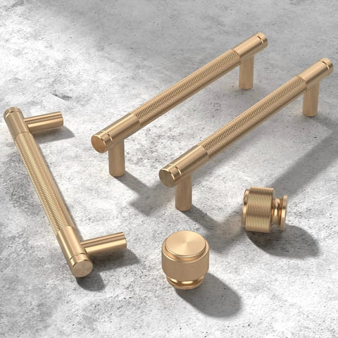 Champagne Bronze Knurled Kitchen Cabinet Pull Handles Set Of 10 For Cupboards And Drawers, 5 Inch Center, Zinc Construction