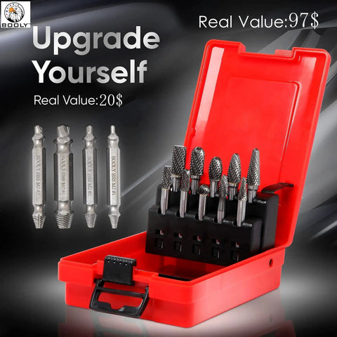 Pro Grade Die Grinder Bits Set With Tungsten Carbide Burrs For Metal Grinding, 10 Piece Double Cut Rotary Burrs in red case