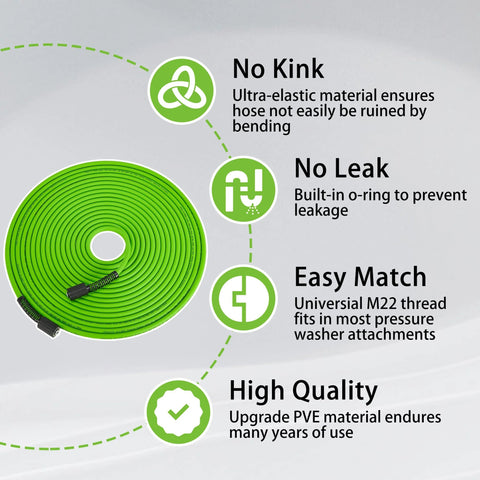PWACCS green pressure washer hose, 50 ft by 1/4 inch, 3600 PSI, no kink, universal M22 thread