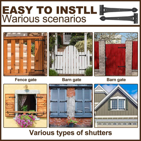 Image showing usage of Two Pack 15 Inch Heavy Duty T Shape Strap Hinges With Screws Black Wrought Iron Spade Tip on various gates and shutters.