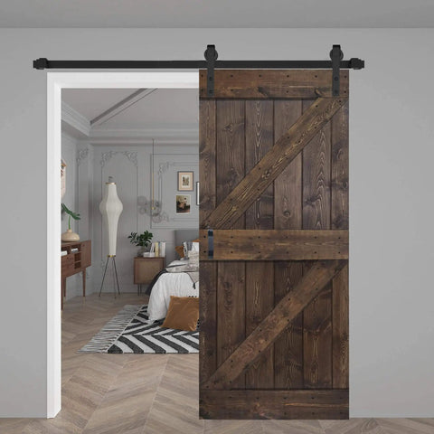 Solid Wood Barn Door 36 Inch By 84 Inch Kona Coffee Finish With Hardware Track Kit in modern bedroom entryway