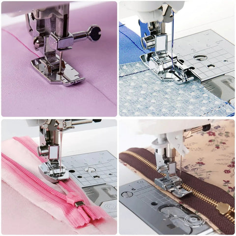 Front view of sewing machine presser foot on pink fabric from a 42-piece set.
Close-up of sewing machine presser foot sewing blue fabric on a grid plate.
Installed view of presser foot stitching pink zipper into a pink bag.
Installed view of presser foot sewing a brown zipper onto floral fabric.