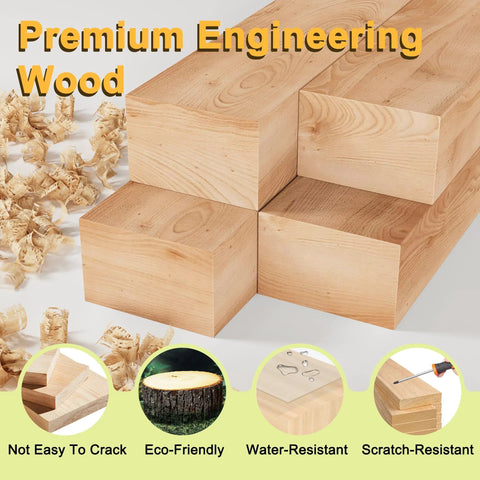 Stack of premium engineered wood blocks, eco-friendly, water and scratch-resistant, shown with wood shavings and icons below.