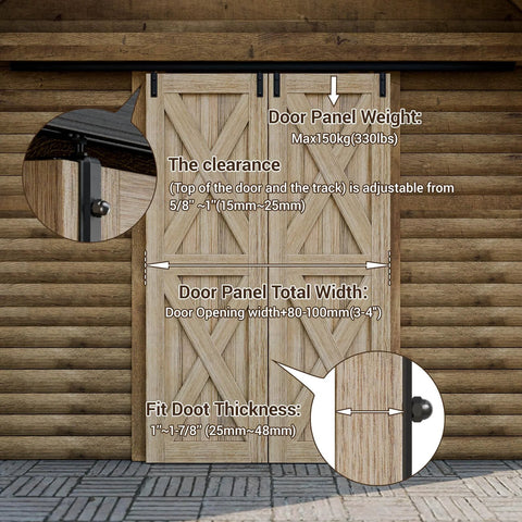 Front view of Eight Foot Double Barn Door Hardware Kit With Sliding Box Rail Ceiling Mount For Exterior And Interior Doors Heavy Duty Black Aluminum Track System With Anti Corrosion Coating Fits Doors Up To 44 Inches Opening And 24 Inches Panel Width installed on a wooden door, showing clearance and fit details.