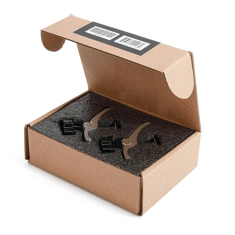 Open box showing 2 Pack Mini T Track Hold Down Clamps for CNC Routers built for desktop woodworking and metalworking on 3018 series machines.