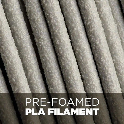 Textured surface of pre-foamed PLA filament highlighting material details