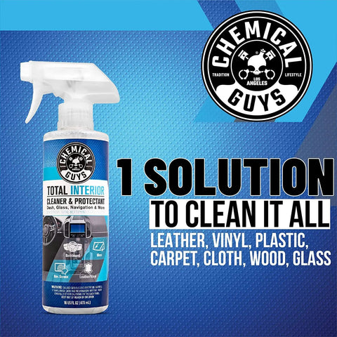 All In One Interior Cleaner And Protectant For Your Ride And All Vehicles Cars Trucks SUVs Motorcycles RVs And More Safe On Leather Vinyl Plastic Carpet Cloth Glass Wood Fresh Scent By Chemical Guys spray bottle on blue background.