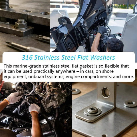 Collage of 316 stainless steel flat washers in marine and industrial settings, emphasizing durability and corrosion resistance.