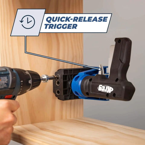 Pocket Hole Jig 520PRO With Easy Clamping And Adjusting, 360 Degree Rotating Handle, 260 Screws Included, Designed For Wood One Half Inch To One And A Half Inch Thick, Grab And Go Pocket Hole Joinery For Strong Fast Builds being used on wood with quick-release trigger