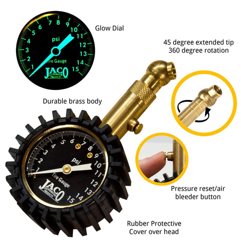 JACO Elite Low Pressure Tire Gauge with brass body, glow dial, 15 psi range, 45° extended tip and rubber protective head.