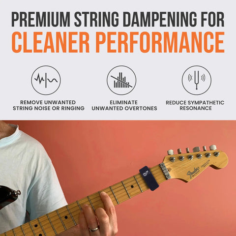 Electric guitar with Versatile Fret Wrap Dampener Pack Of 3 For Quiet Recordings And Clean Tones, Gruv Gear FretWrap installed