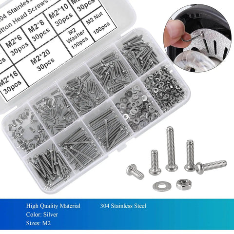 410 Piece Tiny Button Head Hex Socket Cap Screws Kit In 304 Stainless Steel With M2 Through M20 Sizes Zero Point Four Millimeter Pitch Includes Nuts Washers And Hex Keys For Micro Fastening Projects in a plastic organizer with compartments.