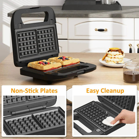 Three In One Sandwich And Waffle Maker With Removable Plates Panini Press Nonstick Plates Indicator Lights 750W Black on kitchen counter
