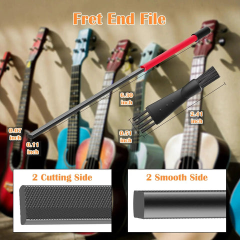 Image of a Double Sided Fret End Dressing File for Guitar Fret Ends with measurements, close-up of cutting and smooth sides.