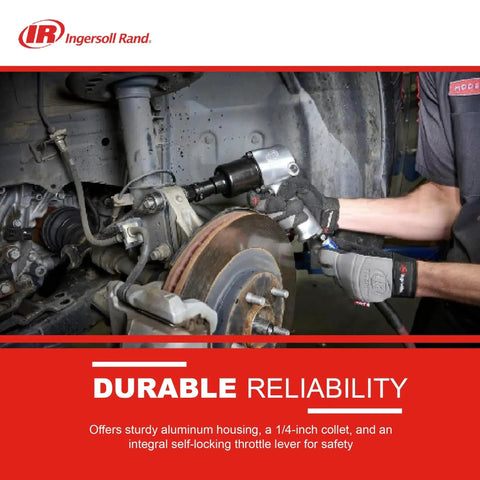 Lightweight One Quarter Inch Right Angle Air Die Grinder With Twenty One Thousand RPM, Ball Bearing Construction, Aluminum Housing, Safety Lock, And Built Tough For Tight Spots From Ingersoll Rand being used in automotive repair